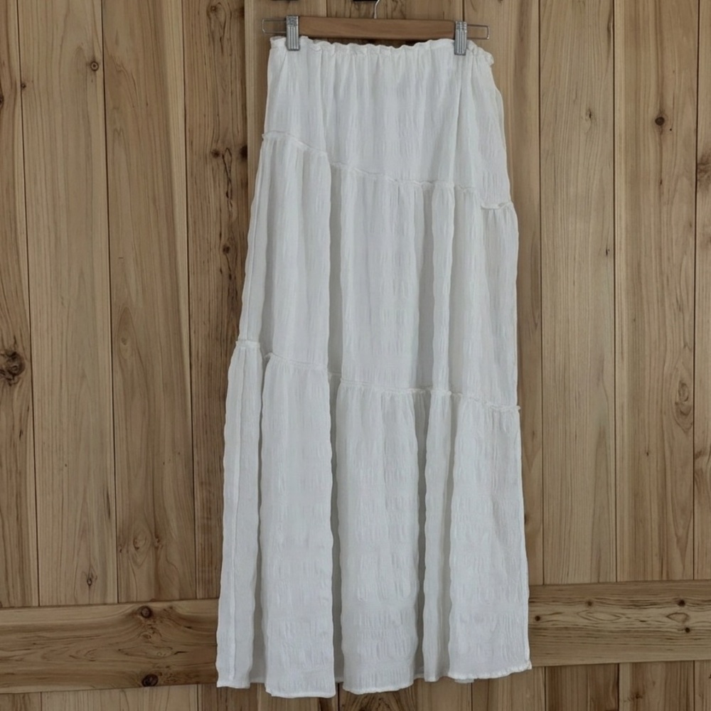 Summer White Tiered Maxi Skirt with Elastic Waist